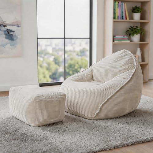 WHGBJA 4FT Bean Bag Chair for Adults/Kids with Ottoman,35D Memory Foam Filled,Cozy Fluffy Gaming Chair for Living Room, Bedroom(Beige)