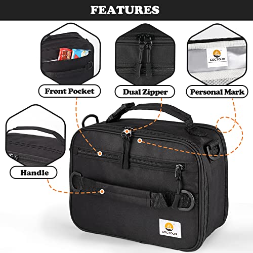 Cactour Insulated Lunch Bag,Expandable Lunch Box,Double Zipper & Lunch Bag Kids With Strap,Lightweight Reusable Lunch Tote Bag For Adults Boys Girls,Meal Containers For Work,School,Picnic (Black) #TOP3