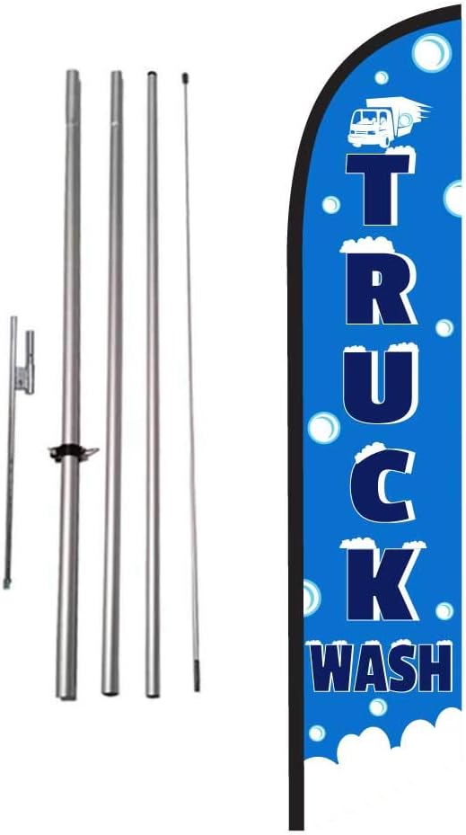 Truck Wash Advertising Feather Banner Swooper Flag Sign with Flag Pole Kit and Ground Stake