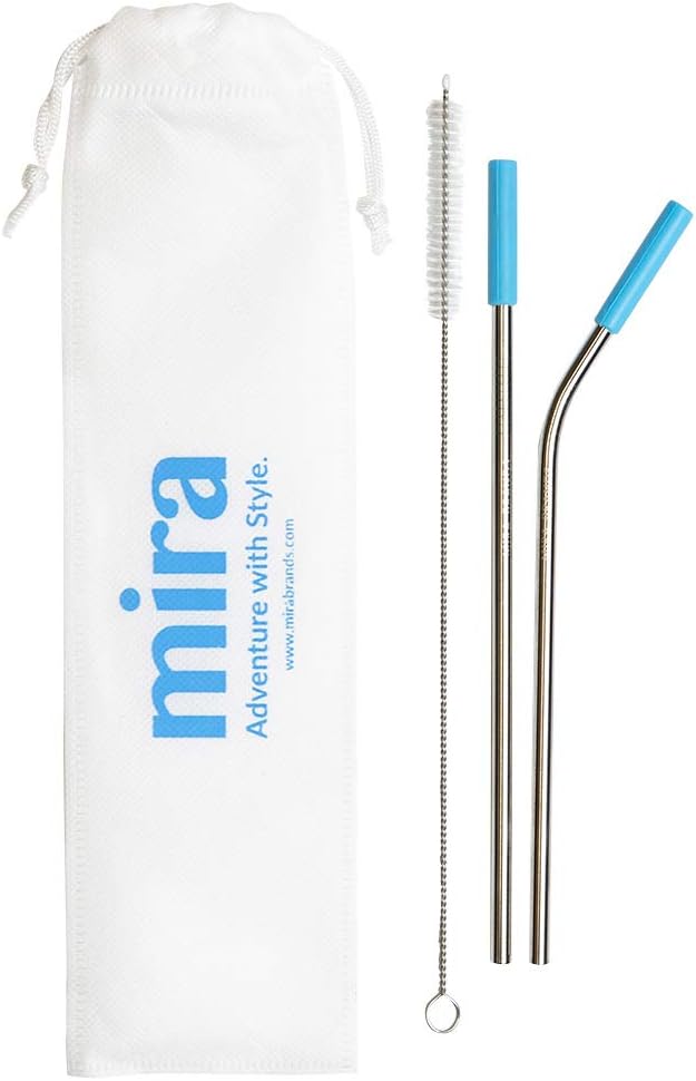 MIRASet of 2 Stainless Steel Metal Straws with Case and Cleaning Brush and Travel Case | Reusable Straws with Silicone Tip
