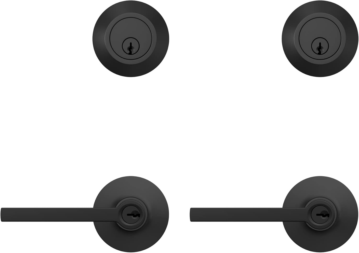 Lock Scout Straight Lever with Round Trim Keyed Entry Door Handle and Single Cylinder Deadbolt, Matte Black Finish, 2 Pack