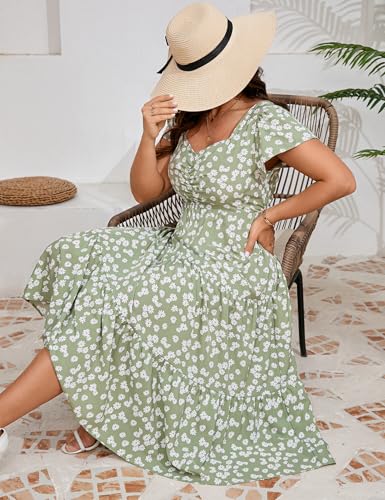 Image of KOJOOIN Women Plus Size Summer Dress Short Sleeve Casual Dress Floral Midi Dress Sweetheart Neck Ruffle Dress