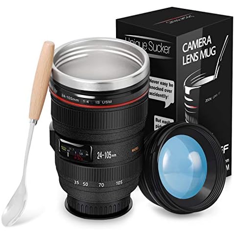 Splend Camera Lens Coffee Cup & Travel Mug, Double Wall Insulation Reusable Coffee Mugs, Food Grade Stainless Steel Coffee Mug Drink Flask Water Bottle Camera Lens Cup, 320 Milliliter Balck Cover