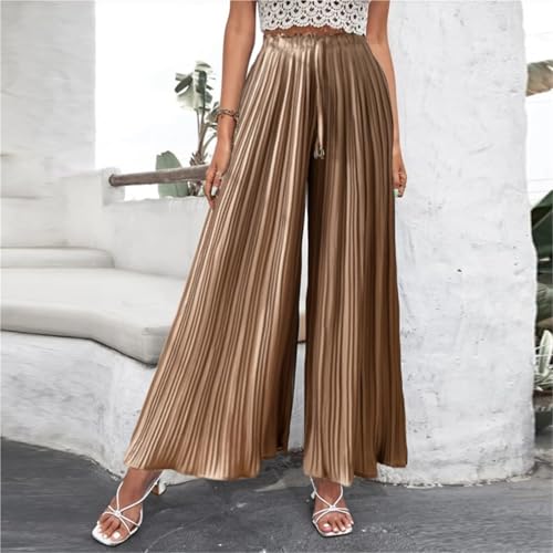 Women's Elegant Ruffle Pleated Chiffon Pants Wide Leg Loose Fit High Waist Flared Drawstring Trousers3
