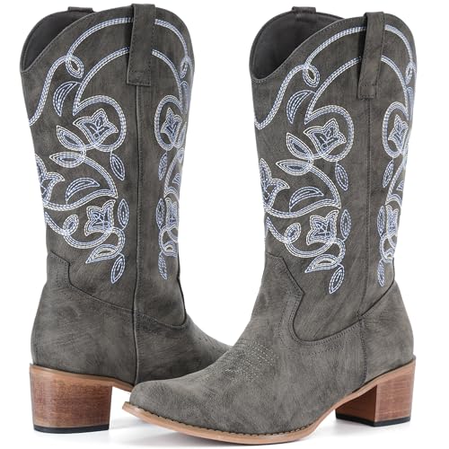 Image of IXU Cowboy Boots For Women Wide Calf Pointy Toe Cowgirl Boots