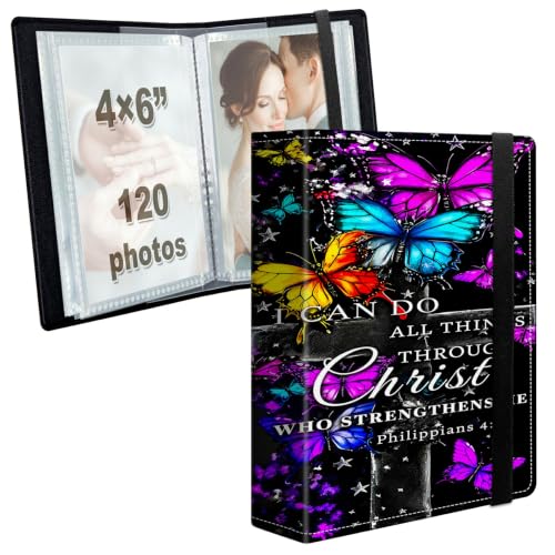 Image of Photo Album 4x6 120 Photos with Strong Elastic Band, Butterfly Bible Verse | Large Capacity Premium Leather Picture Album, Portable Wallet Albums Photo Book for Family Anniversaries Wedding Baby