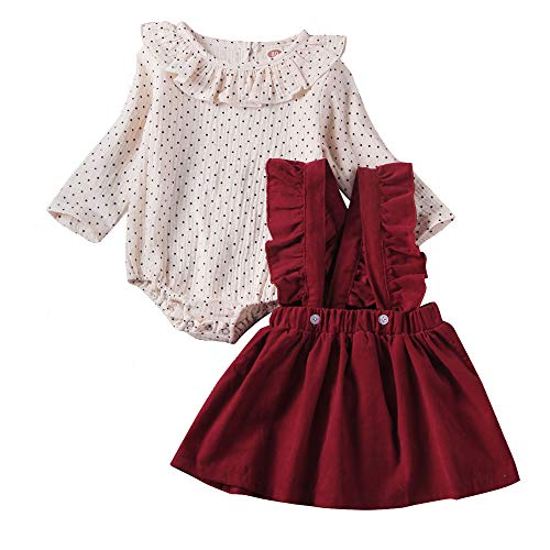 Baby Girl Corduroy Suspender Skirt Set Newborn Polka Dot Bodysuit Tops Overall Dress Fall Outfit Clothes (red,6-9Months)