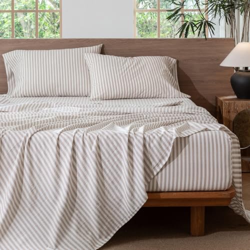 Image of MooMee Striped Sheet Set 100% Washed Cotton Linen Like Queen | Relaxed Linen-like Texture. Soft, Breathable & Lightweight Comfort. 15-19 inch Extra Deep Pocket with All-around Elastic
