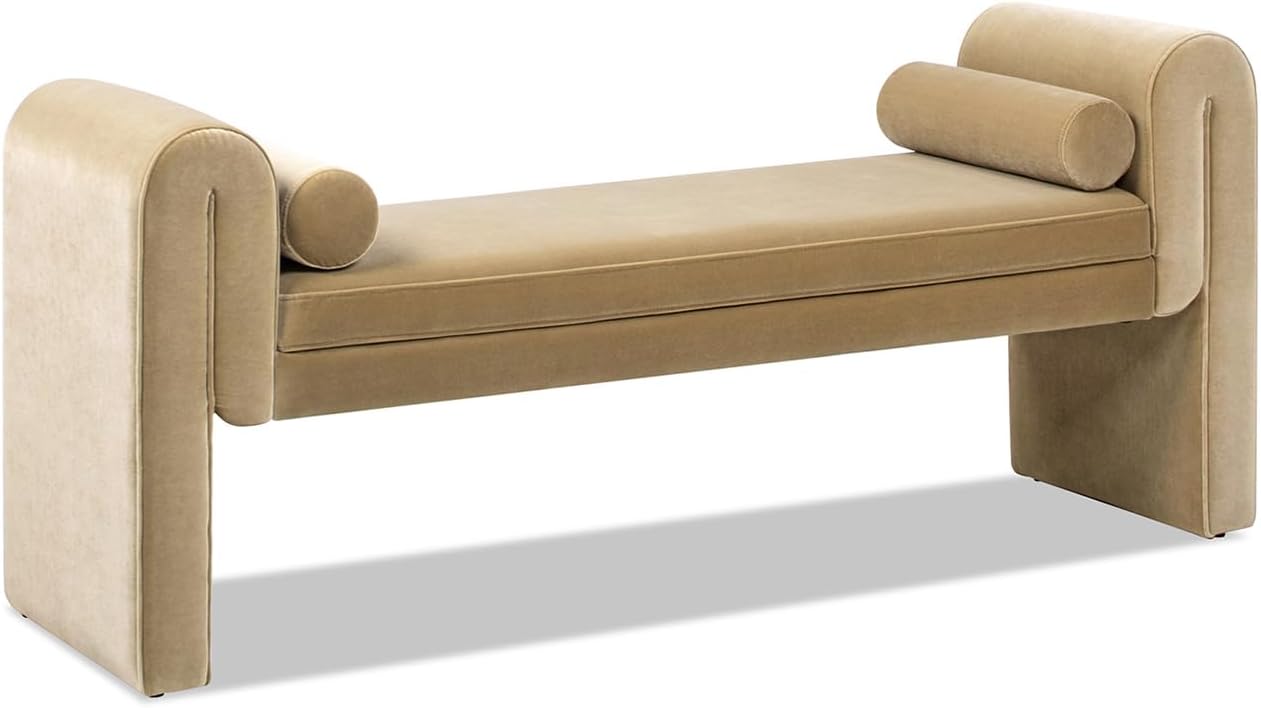 Mason 60.5" Arched Arm Bench with Bolster Pillows, Camel Brown Beige Performance Velvet