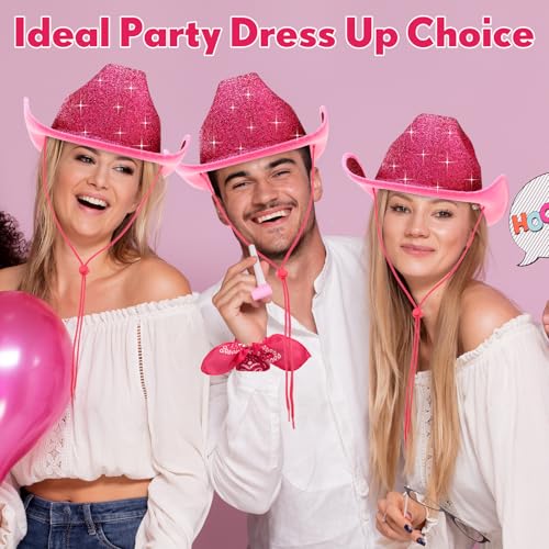 Image of Coume 12 Pcs Sparkly Adults Cowboy Hat and Bandanas Women Men Western Glitter Cowgirl Party Hats with Adjustable Drawstring