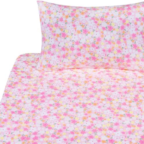 J-pinno Pink Floral Flower Cartoon 100% Cotton Twin 3 Pieces Sheet Set Decoration Kids Boys Girls Children Flat Sheet + Fitted Sheet + Pillowcase Bedding Set - Thumbnail 4