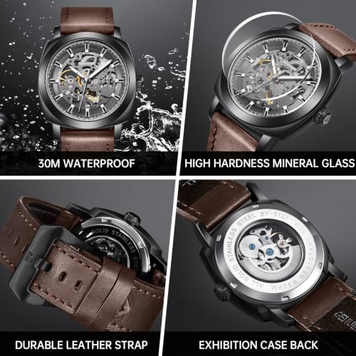 Image of Benyar Automatic Watches for Men | Skeleton Mechanical Leather Strap Mens Watch | 45mm Dial | 30M Waterproof | Men's Stylish Gift