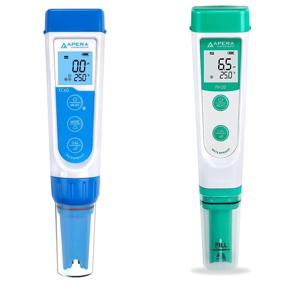 Apera Instruments EC60 Premium Leitfähigkeits-Messgerät & PH20 pH-Meter, Messgerät im Taschenformat (±0,1 pH-Genauigkeit, 0-14 pH-Messbereich, wasserfest) Set inkl. Kalibrierlösungen