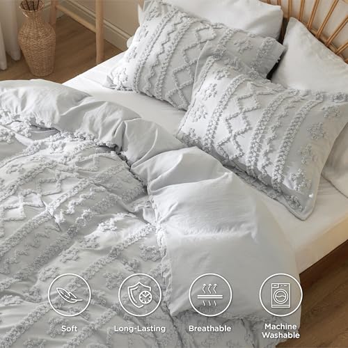 Image of Bedsure Boho Duvet Cover King Size, Soft & Comfortable Elegant Design Boho Bedding for Decoration, Machine Washable Comforter Cover for All Seasons,Includes 1 Duvet Cover & 2 Pillow Shams,Light Grey