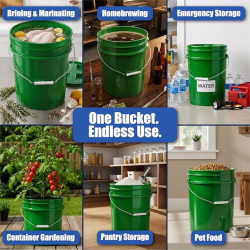 Image of ePackageSupply 5 Gallon Bucket - Food Grade w /Lid BPA-Free, 6 Pack - Green | Airtight Gasketed Tear Strip Lid, Heavy-Duty 90 Mil HDPE Plastic Pail, Bulk Storage, Food Safe Durable Container, Made in USA