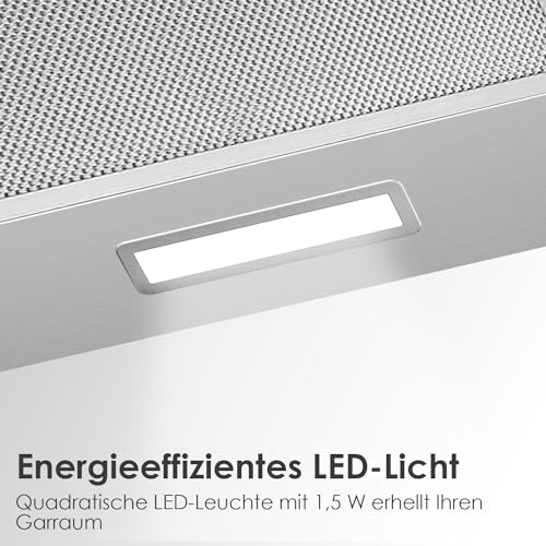 Soonye Flachschirmhaube Dunstabzugshaube 60 cm Umluft 370 m³/h mit Kohlefilter,Energieeffizienzklasse A, nur 59/64 dB(A), Flach Abluft Abzugshaube,Edelstahl Silber