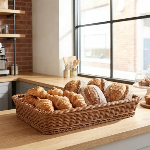 Cesta para servir alimentos rectangular y lavable, lote de 2 fuentes de imitación mimbre 7