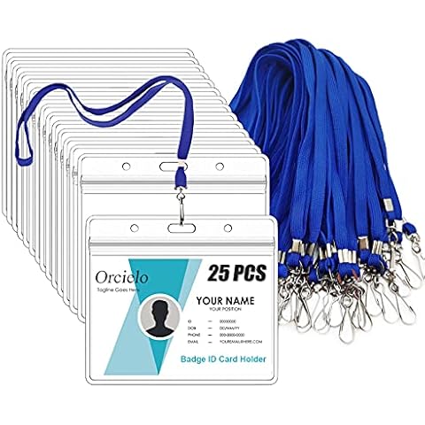 25Pcs Clear Plastic Horizontal Name Tags Badge ID Card Holders and 25Pcs Flat Neck Lanyards, Blue Cover