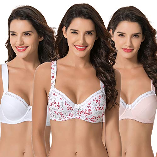 Curve Muse sostén de algodón para mujer, tamaño grande, con aros, sin forro, paquete de 3 - Blanco - 90E