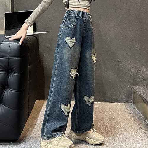 Girls Heart Embroidered Jeans Elastic Waist Wide Leg Pants Kids Oversized Denim Pants with Pockets 4-15 Years4