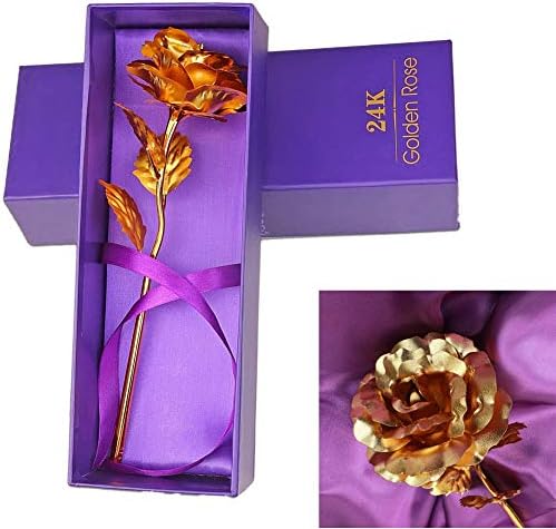 WeFoonLo Creative Artificial 24K Gold Rose Flower Plastic Long Stem Real Rose Dipped in Gold with Gift Box for Mother's Day, Valentine's Day, Birthday, Anniversary, Thanksgiving Day (Gold)