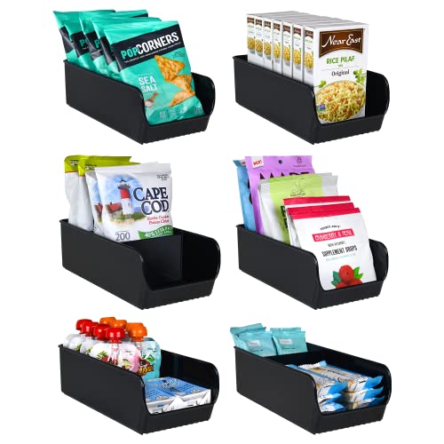 Black Storage Bins for Pantry - 3 Compartment Kitchen Cabinet and Cupboard Storage Organizers, Multipurpose Storage Bins for Snacks, Packets, Pouches, Spice Packets, Plastic Bin for Fridge - 6 Pack