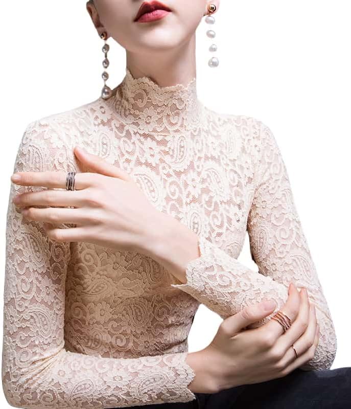 Women's Sexy Slim Fitting Long Sleeved Turtleneck Pullover Bottom Shirt Mesh Lace Perspectives T-Shirt Top - Image 7