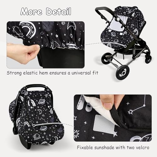 Image of Winter Car Seat Cover Baby with Sunshade & Dual Zipper Windows - Minky Bubble Lined Windproof Soft Shell, Warm Newborn Car Seat Canopy Covers, Elastic Bottom for Stroller & Infant Car Seat, Space