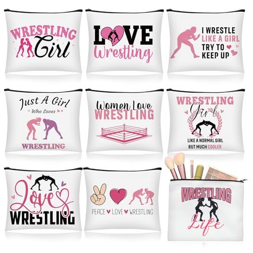 Kacctyen 9 Pcs Wrestling Gifts for Women Wrestling Makeup Bag Funny Wrestler Travel Cosmetic Bags Inspirational Gifts for Birthday Wrest Lovers Wrestler Athlete Fans Coach Mom
