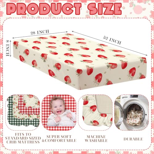 Image of Peryiter 4 Pack Crib Sheets Brown Red Strawberry Soft Baby Bed Sheet Set 52'' x 28 inch Nursery Crib Sheets for Standard Bed Toddler Mattress Nursery Decor Boys Girls Kids