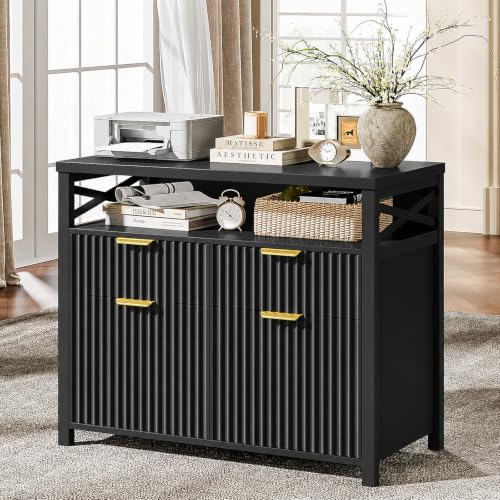 Image of Halitaa Fluted 4 Drawers Home Office File Cabinet for A4 /Letter Size. Black