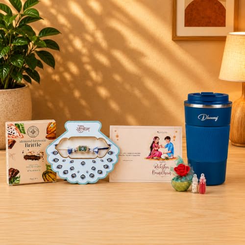 Image of Giftana Rakhi Gift Set for Bhai - Personalized Tumbler, Evil Eye Rakhi with Brownie Brittle, Roli Chawal Set for Raksha Bandhan Gift for Brother, Coffee Tumbler 510ml