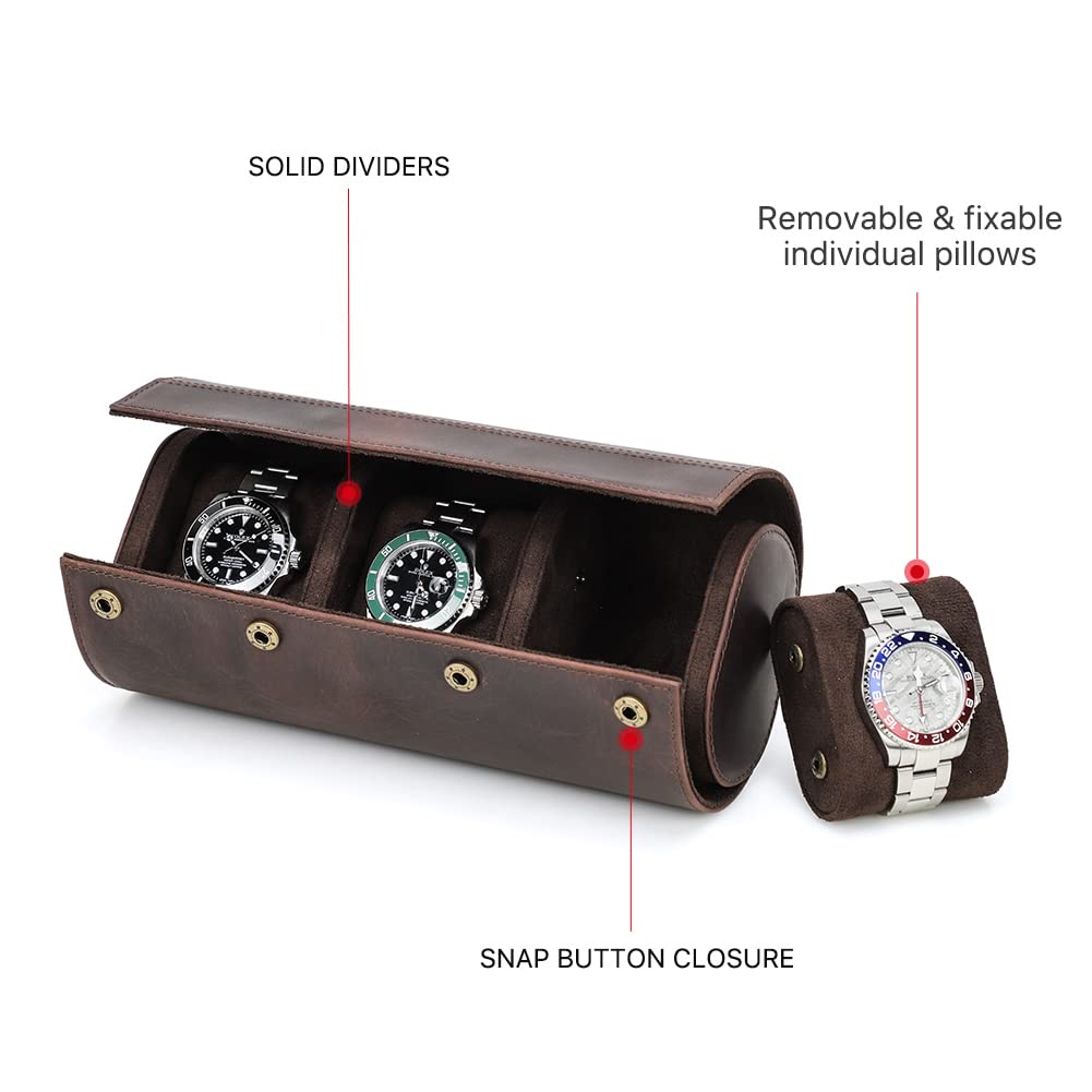 Hiram Custodia a rotolo per 3 orologi, realizzata a mano, in vera pelle, custodia per orologi da viaggio con design rimovibile di montaggio