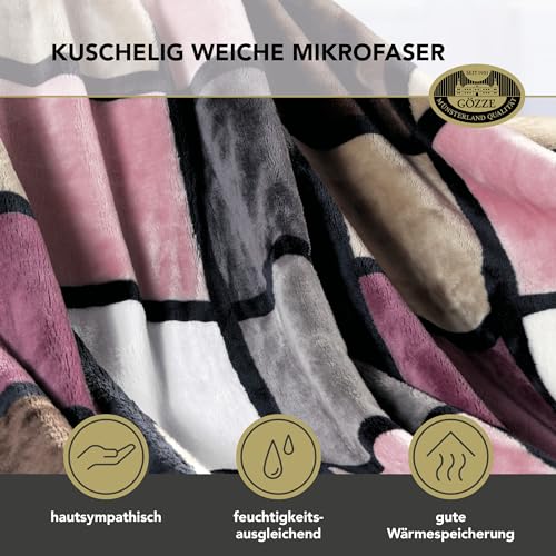 Gözze - Weiche Kuscheldecke, Cashmere Feeling, Hohes Stoffgewicht 500 g/m², Antigua, 150 x 200 cm - Altrosa/Taupe/Beere