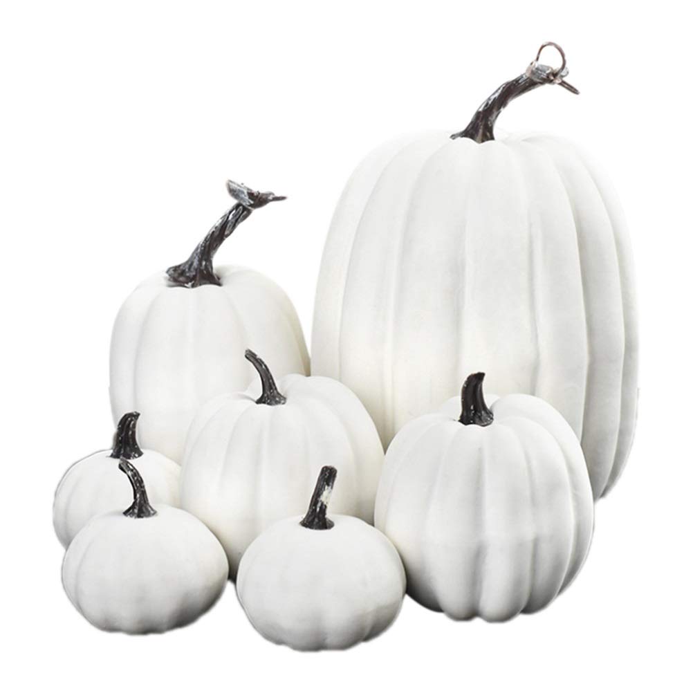 Insuwun 7PCS Thanksgiving White Pumpkin Decorations Various Sizes Pumpkin Decorations Artificial Pumpkins Fall Autumn Decor, Suitable for Fall Harvest, Thanksgiving Party Indoor and Outdoor Decoration