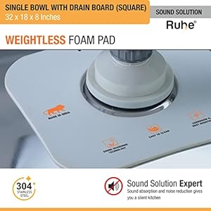Ruhe® Square Single Bowl with Drainboard 32 x 18 x 8 inches Kitchen Sink | 304 Stainless Steel Square Single Bowl with Drainboard Kitchen Sink | Glossy Finish | Including Sink Coupling and Waste Pipe