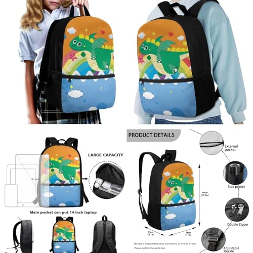 Cute Cartoon Dinosaur School Backpack Set Bookbags with Lunch Box Pencil Case and Water Bottle Cover Holder 4pcs for Middle School Primary Junior High University3