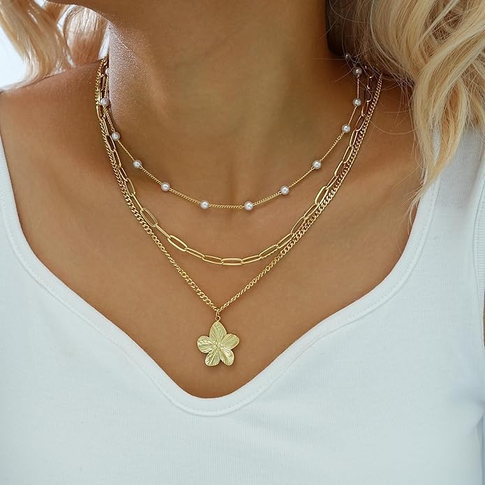 3 Layered Gold Flower Pendant Necklaces for Women Stackable Rope Snake Box Chain Choker Set Trendy Floral Charm Multi Layer Necklace for Daily Party Wear - Image 2