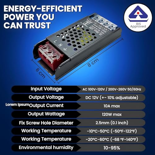 Image of 12 VOLT 10 AMPERE 120 Watt SMPS Power Supply Adapter | Ideal for LED Signage, Strip Lights, Decorative Lighting, CCTV Surveillance, Industrial Automation (Pack Of 1 Piece)