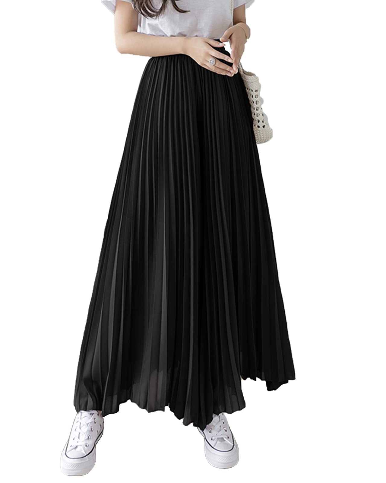 Pantalon Large Femme Plissée Taille Haute Léger Décontracté Confortable Pantalon de Mousseline Jupe-Culotte Femmes