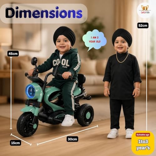 Image of Retro Bike for Kids Ride On Battery Operated Motorcycle | Rechargeable Electric Bike with Foot Accelerator, LED Light, Music, 3 Wheels, Stable Ride | Toy for Boys Girls Age 1-3 Years Green