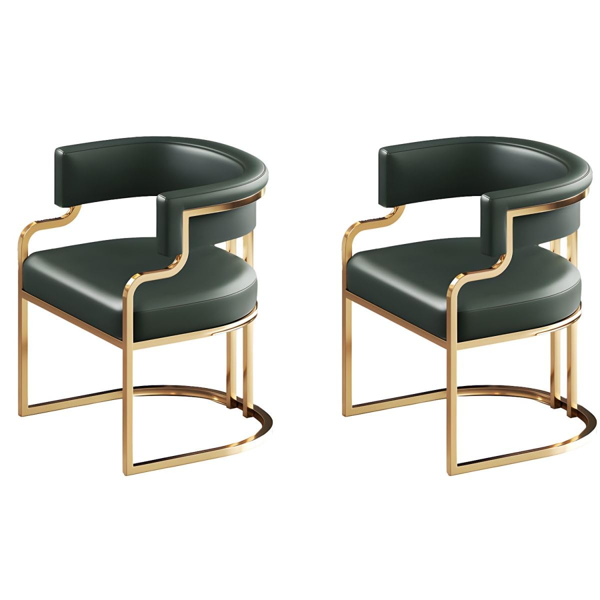 Upholstered Green Dining Chairs Set of 2 - Low-Back Armchairs with Faux Leather & Brass Legs for Indoor Kitchen Dining Room Milk Tea Shop Modern Home Decor