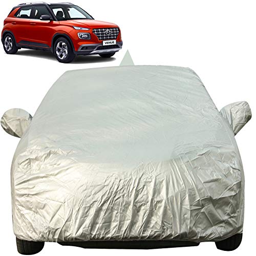 Image of Autofact Car Body Cover with Mirror & Antenna Pockets Compatible for Hyundai Venue (Triple Stitched, Bottom Fully Elastic, Silver)