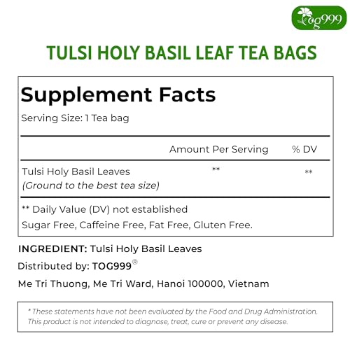 Image of TOG999, Premium 120 Holy Basil Leaf Tea Bags, 100% Natural & Pure Holy Basil Leaves. Loose Leaf Holy Basil Herbal Tea. Holy Basil Leaf Tea. No Sugar, No Caffeine, No Gluten, Vegan.