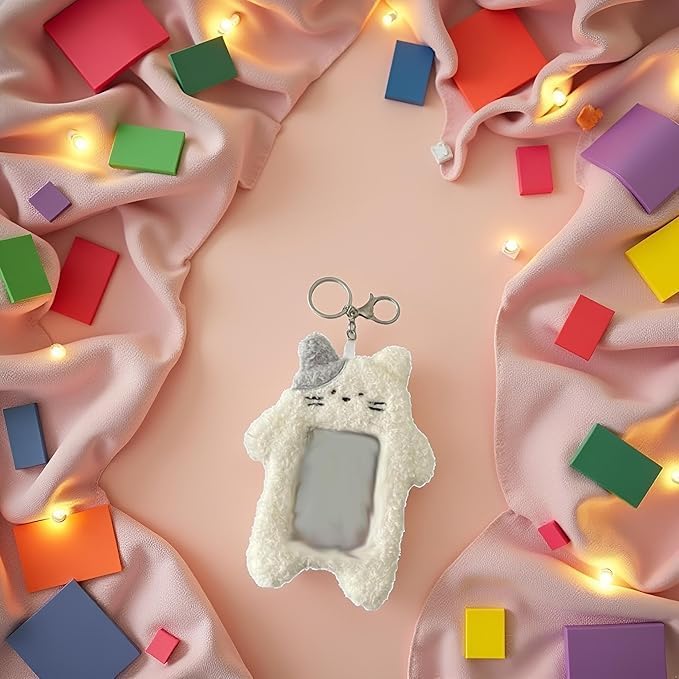 1Pc White Cartoon Plush Photocard Holder with Keychain Pendant Kawaii Cat Cute Card Sleeve Student Card and ID Cases Medium Size, Lightweight and Portable Women's Card Cases