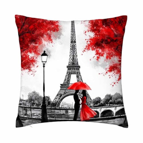 oFloral Decorative Eiffel Tower Throw Pillow Cover Oil Painting France Paris Landscape Pillow Case Cushion Cover for Sofa Couch Home Bedroom Decoration 18 x 18 Inch Red Black White …