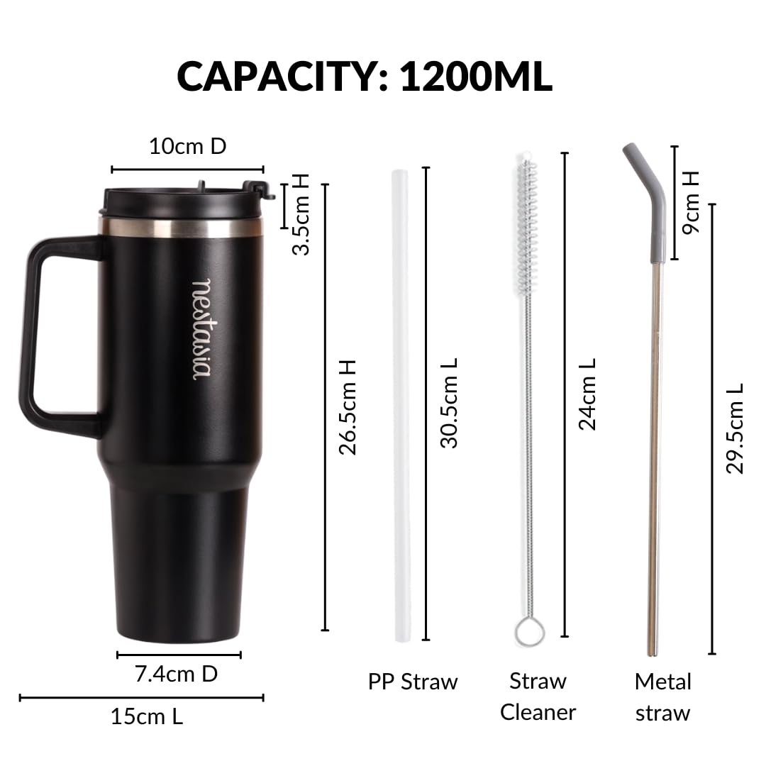 Nestasia GripSip40 Tumbler with Straw & Side Handle 1.2L | Insulated Stainless Steel Sipper Water Bottle for Adults with Dual Flip Opening Sip-Swig Leakproof Lid for Office & Gym (Black Noir) — Amazon image 2