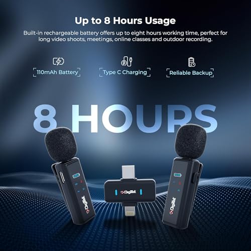 Image of Digitek DWM-021 Wireless Clip-On Microphone with AI Noise Cancellation | Dual Mic (2 Transmitters, 1 Receiver) | 2.4GHz Low Latency, 40m Range | Type-C & Lightning