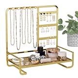 Jlobnyiun Earring Tree - Estante de visualización para accesorios visuales, estructura estética, 15 cm de ancho + bandeja de almacenamiento de anillo, base de aleación de hierro pesado, para pulsera y