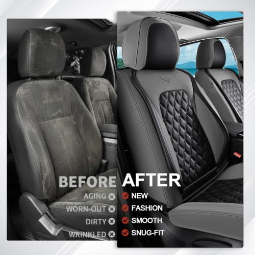 Image of Coverado Car Seat Covers Front Seats, Minimalist Scratch-Resistant Waterproof Faux Leather Full Set with Rear Protectors, Business Daily Driving - GrayBlack